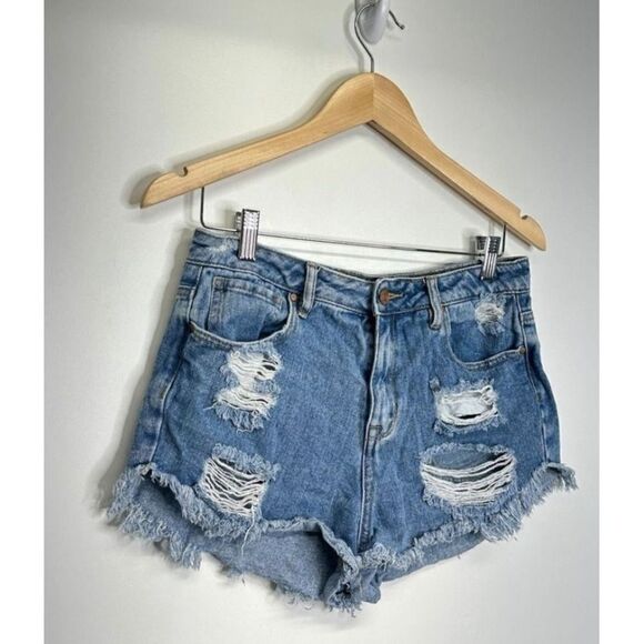 Pacsun High Rise Festival Denim Shorts Distressed Frayed Hem Blue Size 28 - Picture 2 of 6
